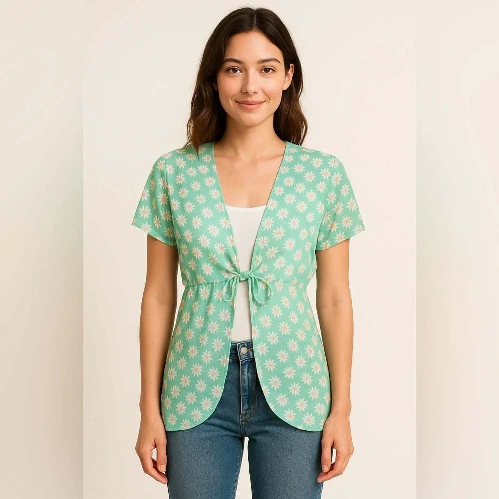 Retro Daisy Mesh Sheer Tie-Front Cardigan XS Green Floral Short Sleeve 70s 80s - Picture 1 of 7
